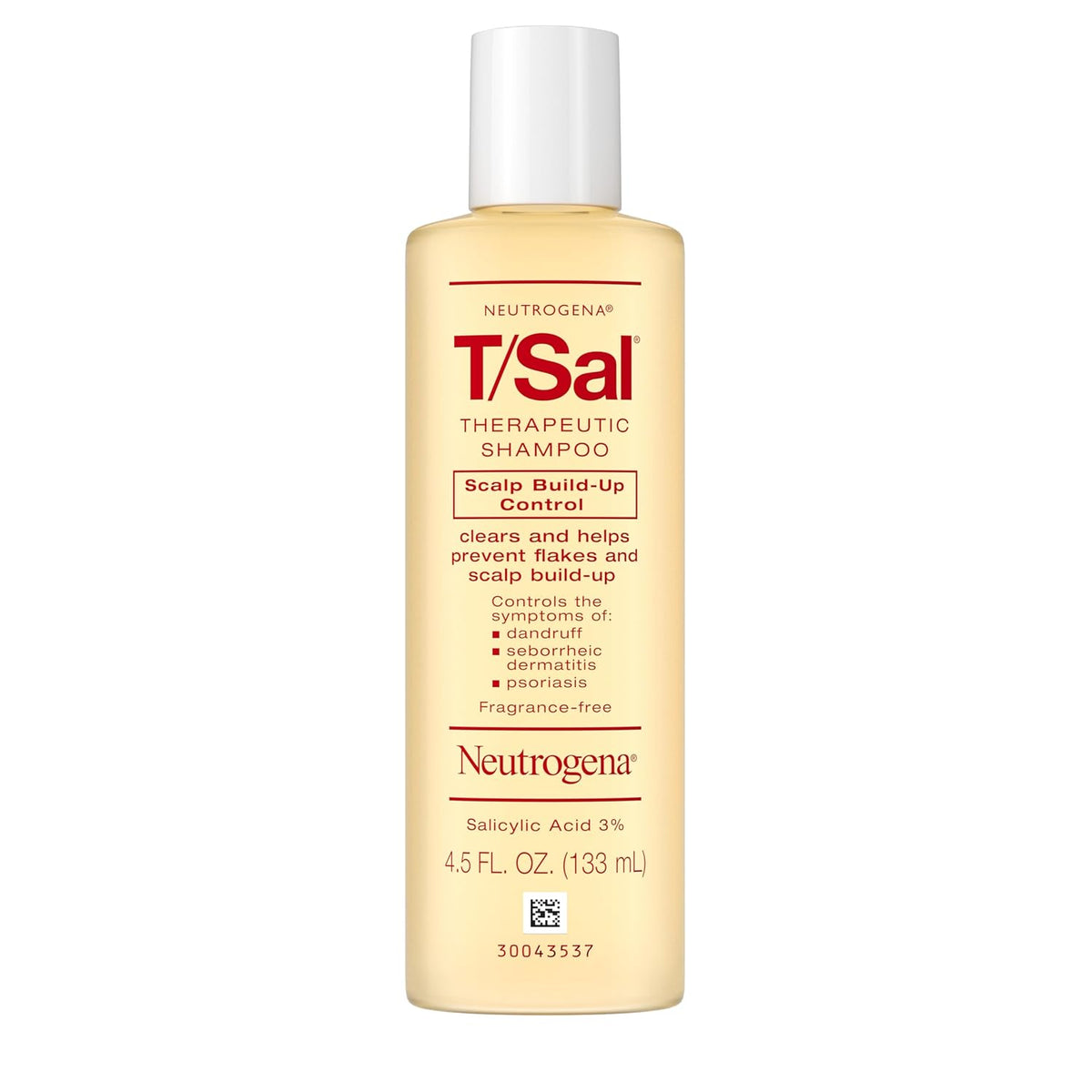 Neutrogena T/Sal Therapeutic Dandruff Shampoo, Scalp Build-Up Control, 3% Salicylic Acid,Psoriasis Treatment, Seborrheic Dermatitis Shampoo, Clears Flakes, Fragrance Free, 4.5 fl oz (Open Container)