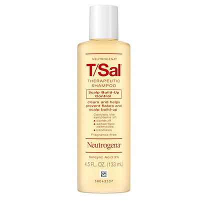 Neutrogena T/Sal Therapeutic Dandruff Shampoo, Scalp Build-Up Control, 3% Salicylic Acid,Psoriasis Treatment, Seborrheic Dermatitis Shampoo, Clears Flakes, Fragrance Free, 4.5 fl oz (Open Container)