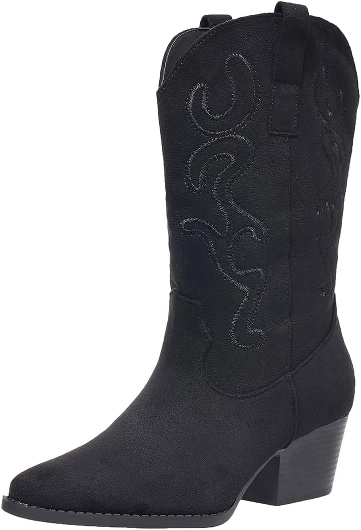 Bplangat Cowboy Boots for Women Cowgirl Mid Calf Western Style Embroidery Stitched Low Chunky Heel Ladies Fashion Boots, US Size 5-11.