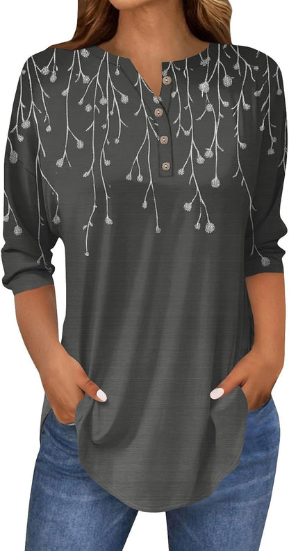 3/4 Length Sleeve Henley Shirts For Women Henley Spring Button Down Tops Baggy V Neck Blouses