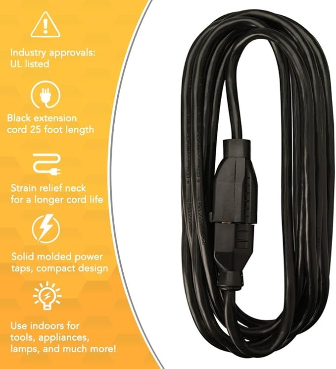 Woods Light Duty Extension Cord, 25Ft, 16 Gauge, 3 Conductor, Office Cord, SJTW, Black, 5601