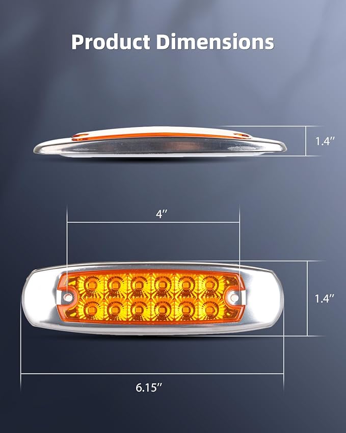 2 x 6.2 Amber 12 Diodes Side Marker Clearance Lights with Stainless Steel Bezel Side Marker Lights Front Rear Side Marker Lamp Trailer Trucks Cab Marker RV Marker Light Waterproof