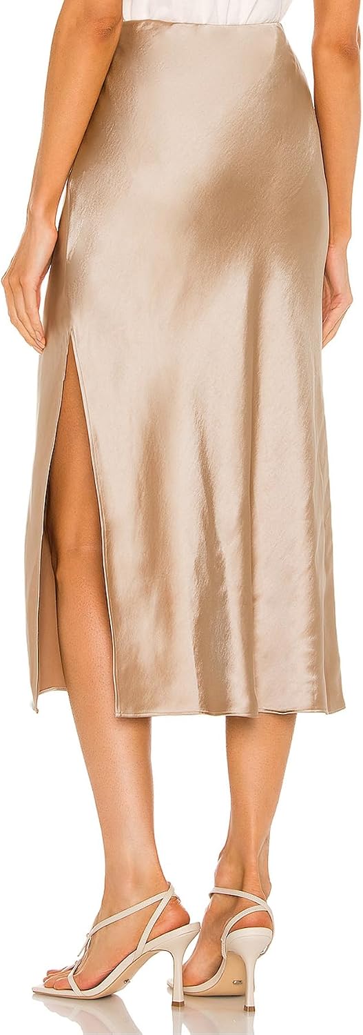 Skrtimory Womens Satin Silk High Waist Slit Midi Skirt Elastic Waistband Midi Skirts for Women.