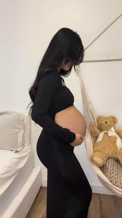 Bhome Maternity Photoshoot Dress Long Sleeve Sexy Cut-Out Backless Maternity Maxi Gown Photography Outfits