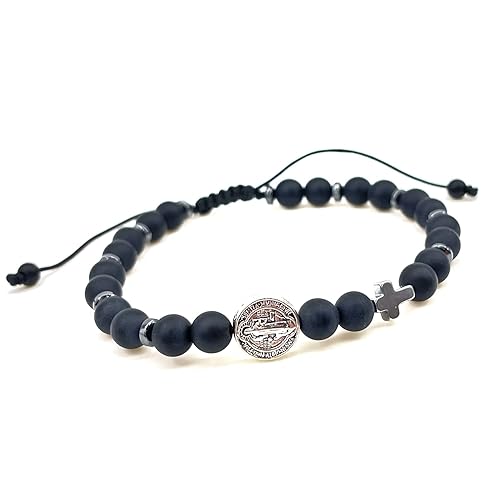 Black Onyx Beads and Adjustable St. Benedict Cross Bracelet for Men
