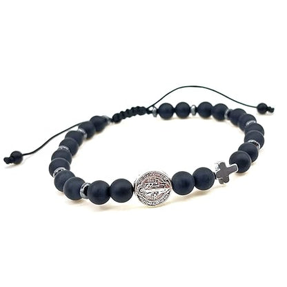 Black Onyx Beads and Adjustable St. Benedict Cross Bracelet for Men