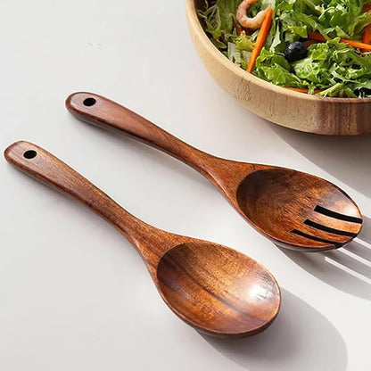 Wooden Spoon Fork Cutlery Set, Japanese Style Long Handle Serving Salad Scoop, Kitchen Utensil Large Dinnerware Set