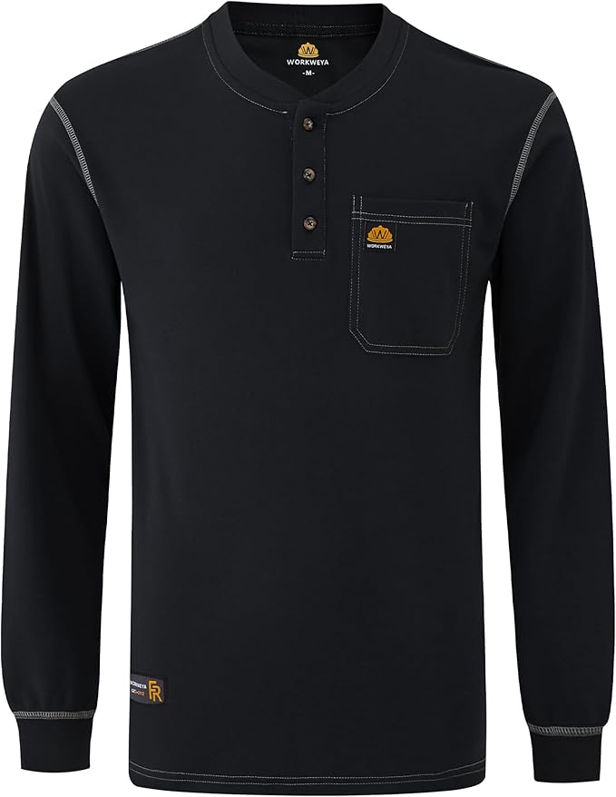 WORKWEYA FR Shirts for Men 6.5 oz Flame Resistant Long Sleeve Henley Shirt NFPA 2112/CAT2