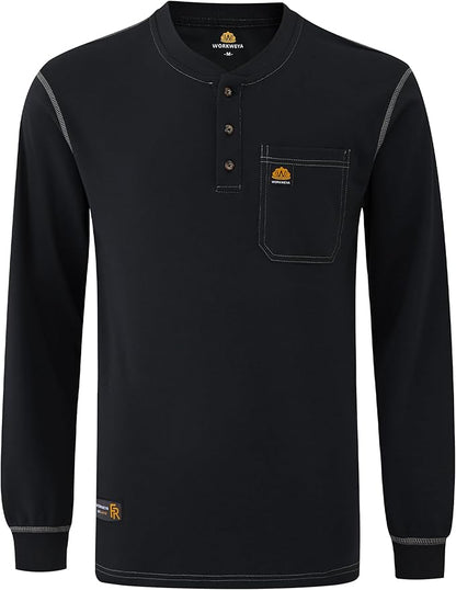 WORKWEYA FR Shirts for Men 6.5 oz Flame Resistant Long Sleeve Henley Shirt NFPA 2112/CAT2
