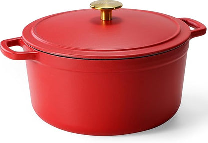 CAROTE Cast Iron Dutch Oven Pot with Lid, Enameled Dutch Oven for Bread Baking, Dual Handles, Heavy-Duty Cast Iron Pot, 5QT, Red
