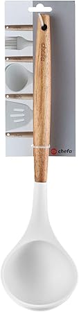 Silicone Soup Ladle - with Wooden Handle, Non-Stick Cookware Heat Resistant Kitchen Utensil - White