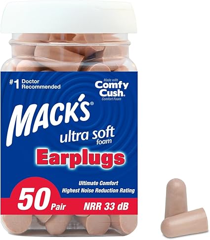 Mack's Ultra Soft Foam Earplugs, 50 Pair - 33dB Highest NRR, Comfortable Ear Plugs for Sleeping, Snoring, Travel, Concerts, Studying, Loud Noise, Work  Made in USA