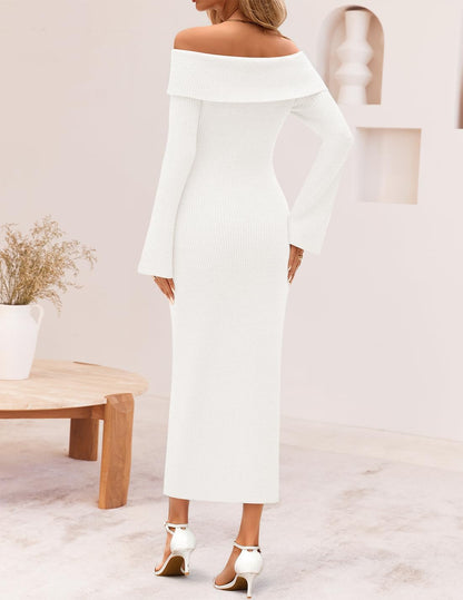 Women's Fall Off Shoulder Sweater Dress 2025 Bell Long Sleeve Ribbed Knit Bodycon Formal Maxi Dresses