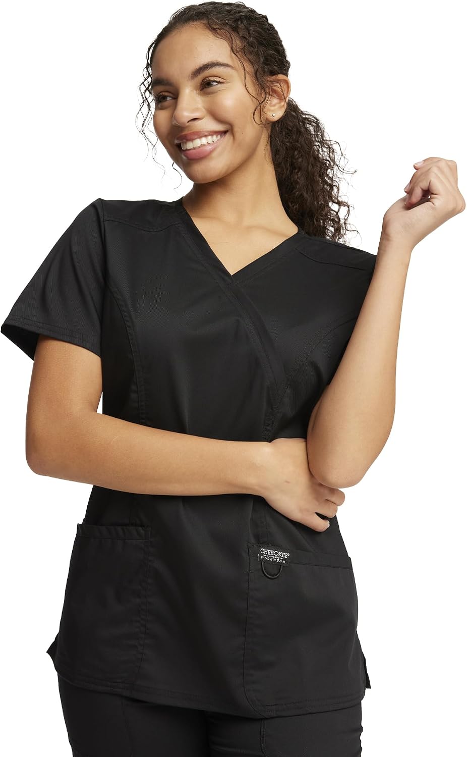 Cherokee Scrubs Top for Women Mock Wrap with 3 Pockets, Soft, 2-Way Stretch & Durable Fabric - WW610