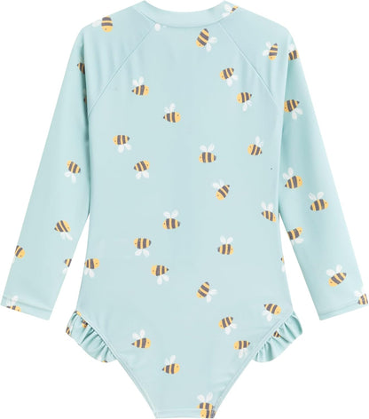 Girls' One-Piece Swimwear Rash Guard Swimsuit Zipper Bathing Suits Long Sleeve Ruffle Girl Full Cover Flower Print