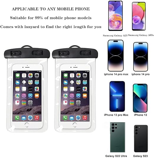 2Pcs Waterproof Phone Bag - IPX8 Universal iPhone Waterproof Bag - Water Phone Protection Bag is Vacation Essentials, Suitable for Beach, Pool, Rainy Day, Hiking, Skiing (Black + Black)