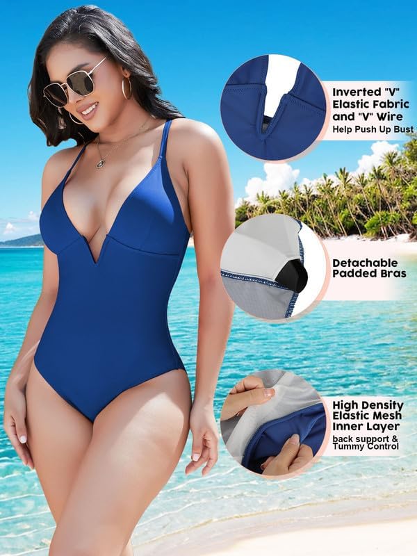 SHAPERIN Women Swimsuit One Piece Bathing Suits Tummy Control Sexy Deep V Neck Padded Push Up Swimwear Monokini