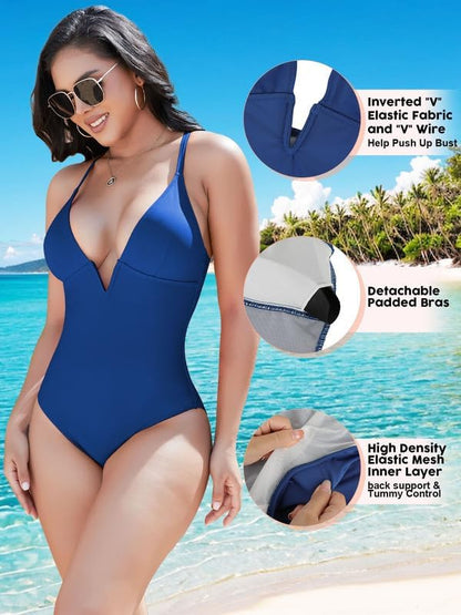 SHAPERIN Women Swimsuit One Piece Bathing Suits Tummy Control Sexy Deep V Neck Padded Push Up Swimwear Monokini