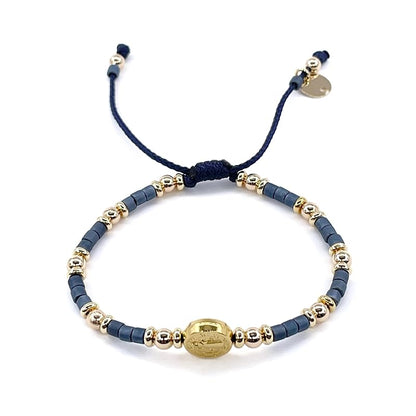 St Benedict Coin Bead Round with Miyuki seed beads and Gold Plated spacers Adjustable Bracelet for Women (Blue)