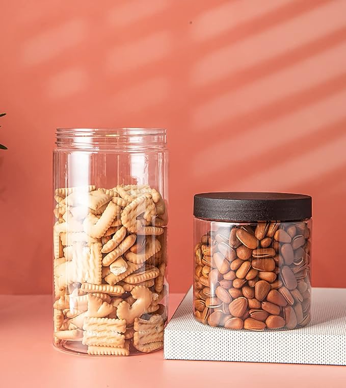 Lawei 12 Pack Plastic Jars with Lids, 16 Oz Clear Storage Jars with Black Screw Lids, Refillable Round PET Plastic Containers Wide Jar for Dry Food, Spice, Nuts, Candies, Honey Jam