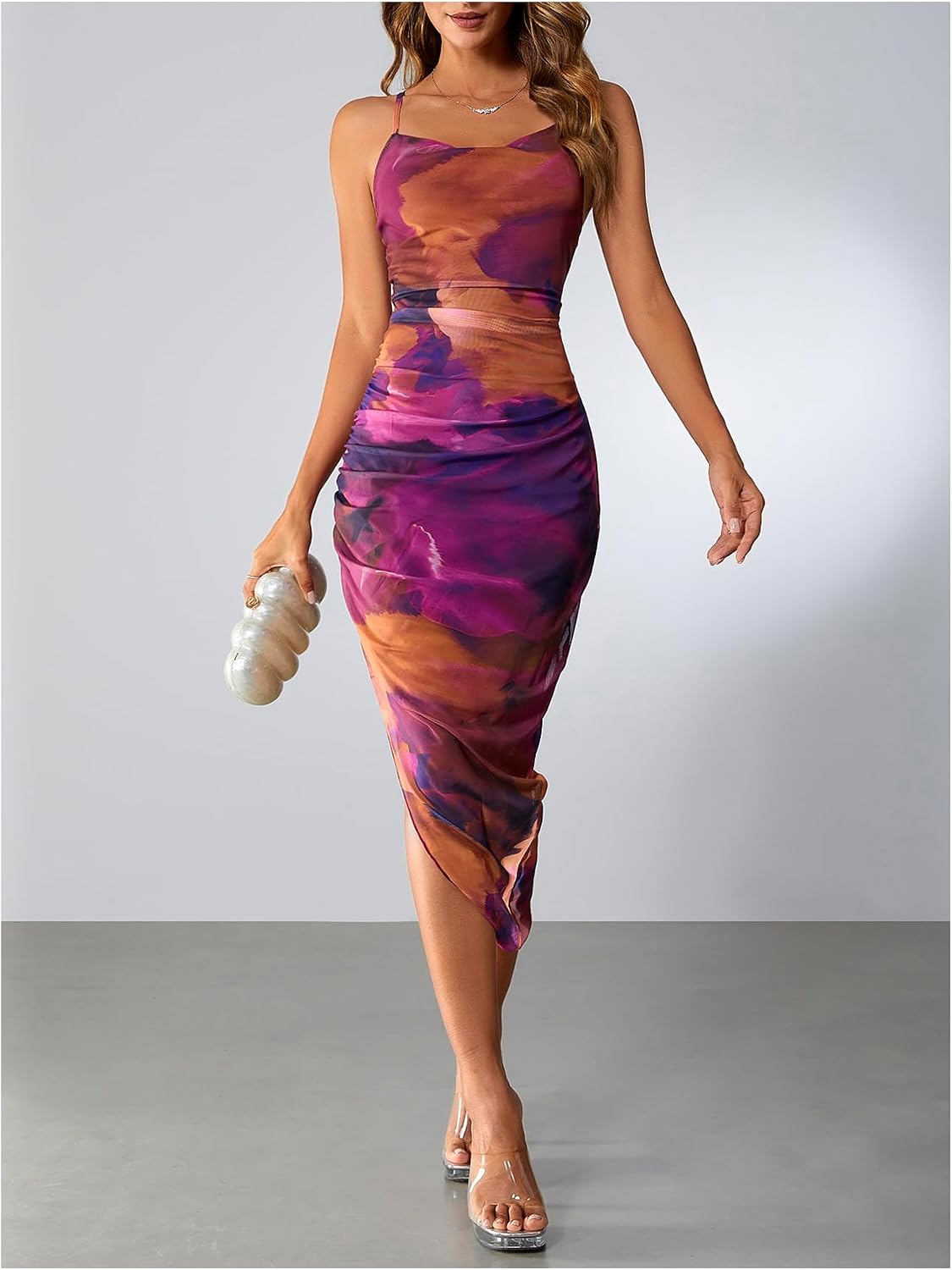 SOLY HUX Women's Tie Dye Cowl Neck Split Hem Bodycon Cami Dress Backless Long Dresses