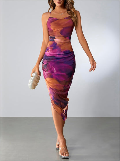 SOLY HUX Women's Tie Dye Cowl Neck Split Hem Bodycon Cami Dress Backless Long Dresses