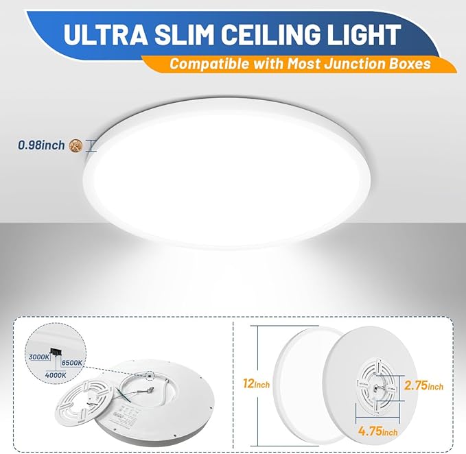 Allsmartlife LED Flush Mount Ceiling Light Fixture, 12inch 24W 2880lm CCT 3000K4000K6500K Thin Round Flat Panel Light Surface Mount for Kitchen, Bedroom, Laundry. Dimmable Ceiling Lamp