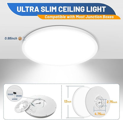 Allsmartlife LED Flush Mount Ceiling Light Fixture, 12inch 24W 2880lm CCT 3000K4000K6500K Thin Round Flat Panel Light Surface Mount for Kitchen, Bedroom, Laundry. Dimmable Ceiling Lamp