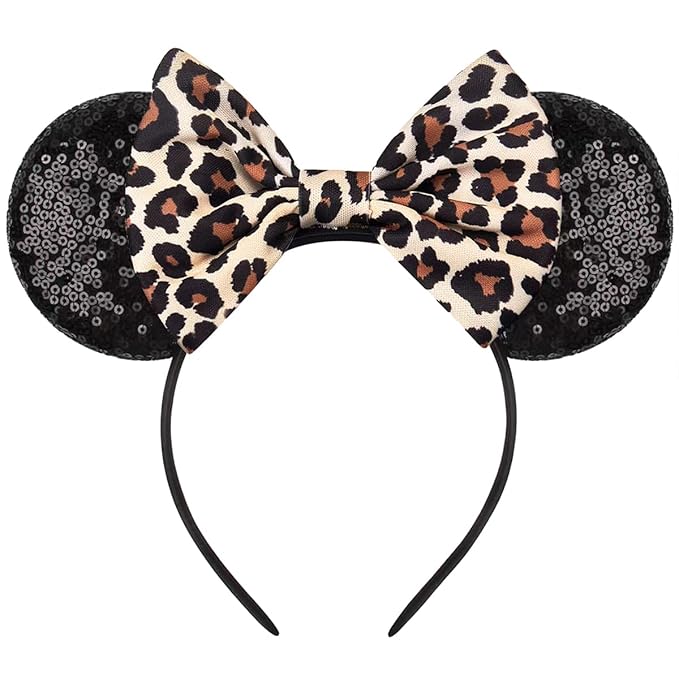 RAZKO Minnie Mouse Ears Headband, Sequin Mickey Ears for Women Girls Hair Accessories (Leopard)