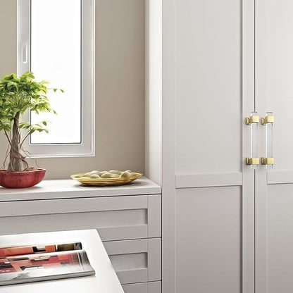 knobelite 3-12 Inch Hole Center Adjustable Cabinet Pulls 5 Pack, Square Drawer Pulls with Gold Zinc Alloy Base and Clear Arcylic Tube, Kitchen and Bedroom Glass Cabinet Handles