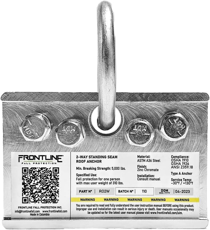 Frontline RO2W 2-Way Standing Seam Roof Anchor Clamp | Rugged, Reusable & Compact | OSHA & ANSI Compliant Steel anchor | Strength Rating: 5,000 lbs | Bolts and washers included
