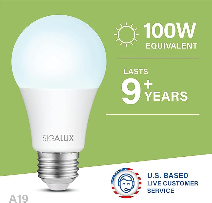 Sigalux Light Bulbs 100 Watt Equivalent LED Bulbs, A19 Daylight Standard Light Bulbs 5000K White,Non-Dimmable 13W Energy Efficient Light Bulbs with E26 Medium Base,1500LM,UL Listed,6 Pack