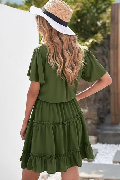 Dokotoo Womens Spring Summer 2025 Short Sleeve Split V Neck Ruffle Chiffon Elegant Mini Short Skirt Dresses