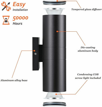 Outdoor Wall Lights 2 Packs, Integrated LED Cylinder Up Down 12W 2700K Modern Aluminum Light, Waterproof Exterior Light for Porch Patio Door