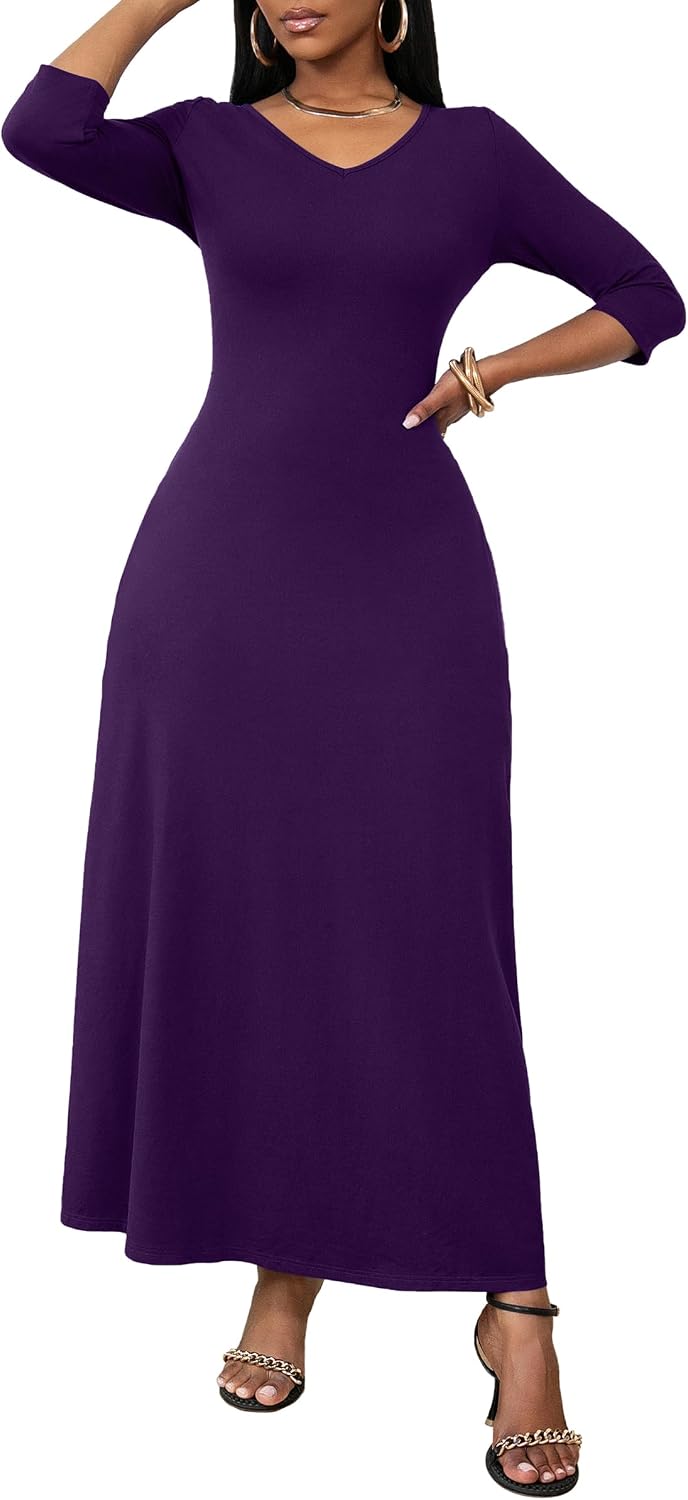 FANDEE Maxi Dress for Women 3/4 Sleeve Maxi Dresses V Neck Casual Loose Long T Shirt Dresses Basic (M-3XL)