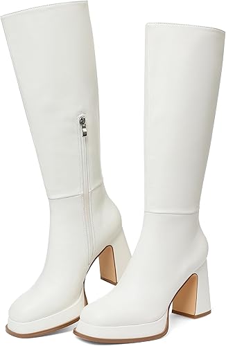 Platform Knee High Square Toe Fashion Fall Goth Tall Long Boots with Zipper Combat Wide Calf Dress Party Club Shoes Motorcycle