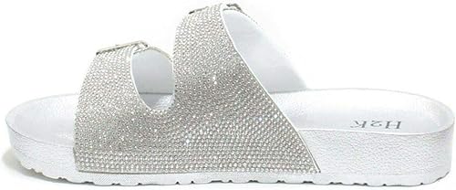 H2K Womens Glitter Double Buckle Adjustable Comfort Slip On Slide Sandals Espen