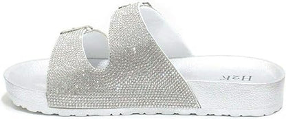 H2K Womens Glitter Double Buckle Adjustable Comfort Slip On Slide Sandals Espen