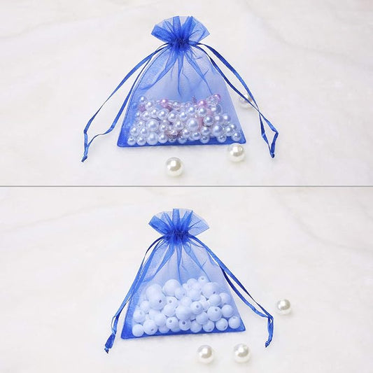 Akstore 100Pcs 2.8"x3.6"(7x9cm) Sheer Drawstring Organza Jewelry Pouches Wedding Party Christmas Favor Gift Bags (Blue)