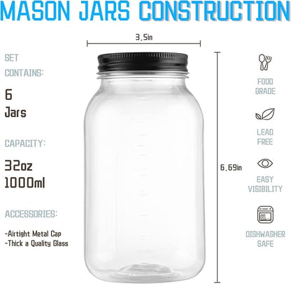 Novelinks 32 OZ Clear Plastic Mason Jars with Lids - Dishwasher Safe Plastic Mason Jars 32 OZ Plastic Jars with Lids for Kitchen Household Storage (6 Pack) (Black)