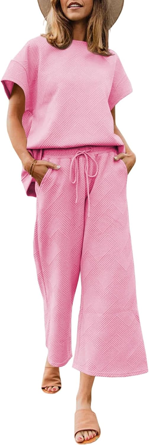 3X Fazortev Womens 2 Piece Outfits Sweatsuit Short Sleeve Tops and Drawstring Waist Cropped Wide Leg Pants Loungewear Sets .