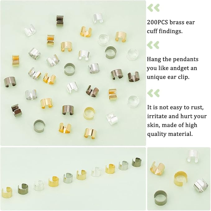 PH PandaHall 200pcs 5 Colors Brass Ear Cuff Ear Clip Wrap Earring Clip On Earrings with 1mm Hole for Non Pierced Ears, Jewelry Making