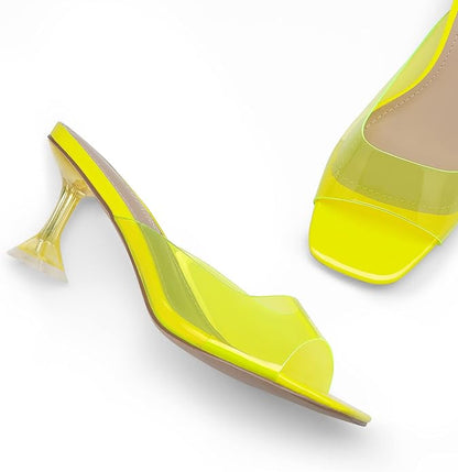 DREAM PAIRS Womens Clear Heels Square Toe High Stiletto Mules Slip on Wedding Dress Heel Sandals