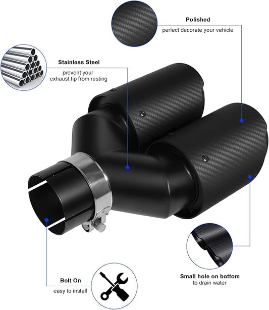 Vechkom 2.5 "Inlet to 3.5" Outlet Exhaust Tip Black Dual Y Carbon Car Rear Tip 9.8" Length Universal for Vehicles with 2.5" O.D. (Matt All Black)