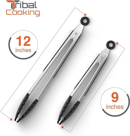 Tribal Cooking Stainless Steel Tongs - 9" and 12" With Silicone Tips, Locking BBQ Tongs