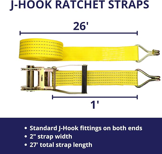 2" x 27' Ratchet Tie Down Straps (2PK) - 5000LB Break Strength - Heavy Cargo Hauling