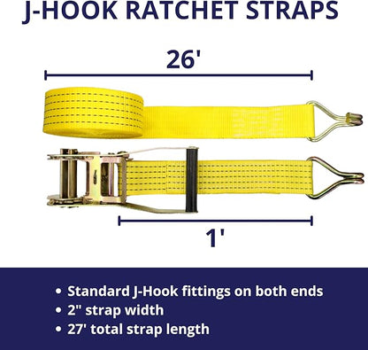 2" x 27' Ratchet Tie Down Straps (2PK) - 5000LB Break Strength - Heavy Cargo Hauling