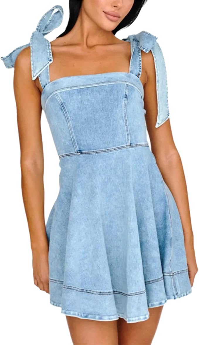 Women's Summer Denim Mini Dress Sleeveless Bow Straps Cute Babydoll Dress Trendy Short Jean Dress