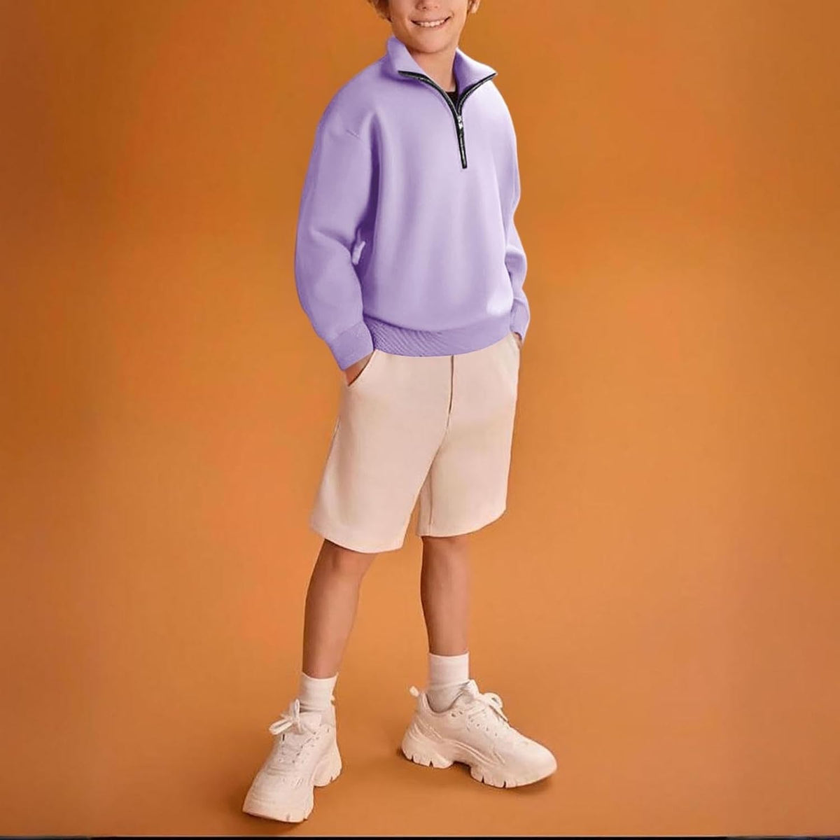 Boys Long Sleeve Shirts Kids Quarter Zip Sweatshirt Soild Casual Pullover Shirt Outdoor Fall Clothes for Teen Boy