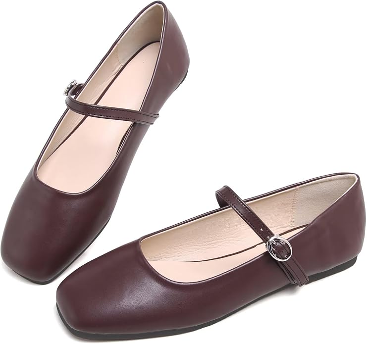 Brown Not Coffee Color TN TANGNEST Women's Leather Flats Square Toe Dress Flats | Retro Soft Mary Jane Flats, Breathable Lightweight Ballet Flats with Adjustable Strap, Comfort Casual Work Shoes